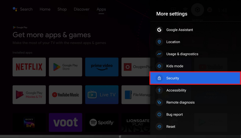 Select the Security option to sideload Pixel IPTV