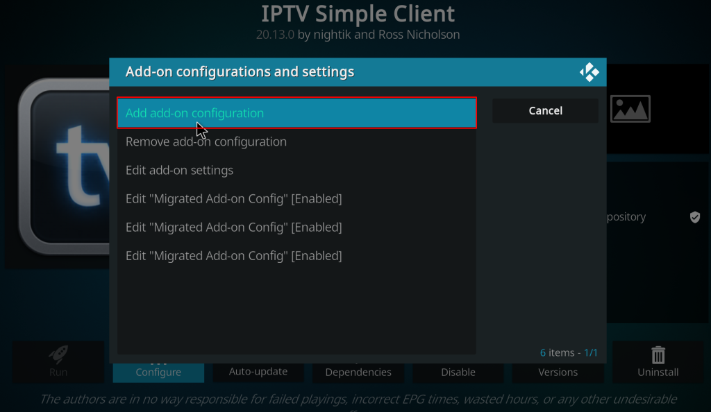 Select Add add-on configuration to stream Dragon IPTV