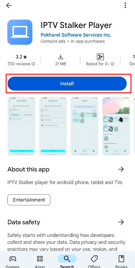 Click on the Install button to install the IPTV Stalker Player app