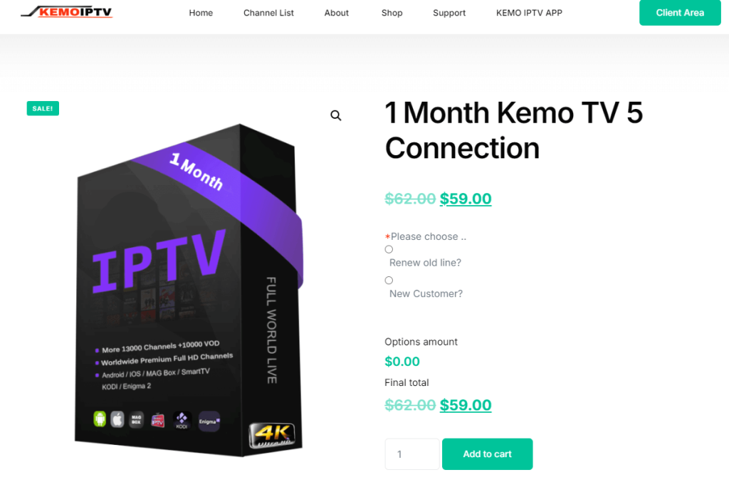 Tap Add to Cart to buy Kemo IPTV subscription 
