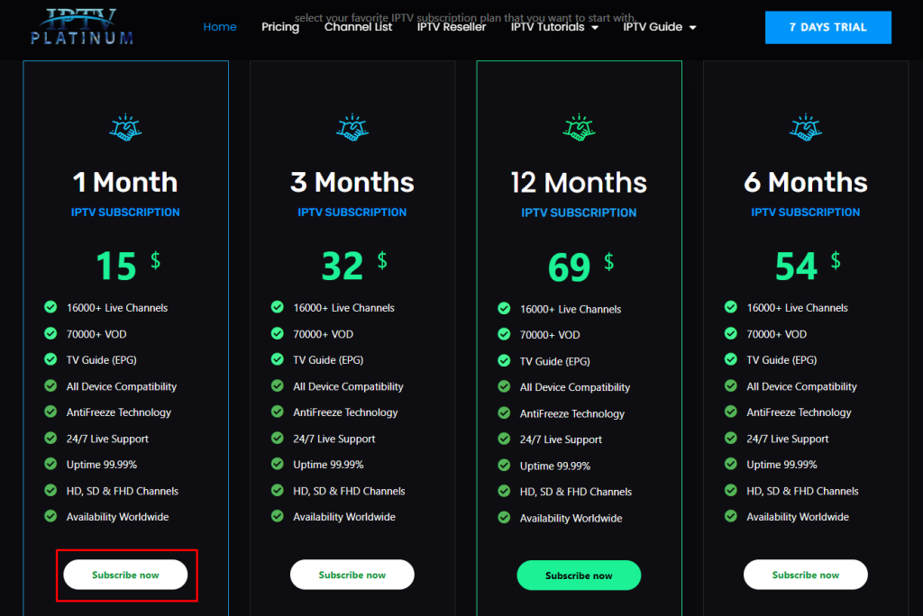 Click on Subscribe Now to subscribe to Platinum IPTV