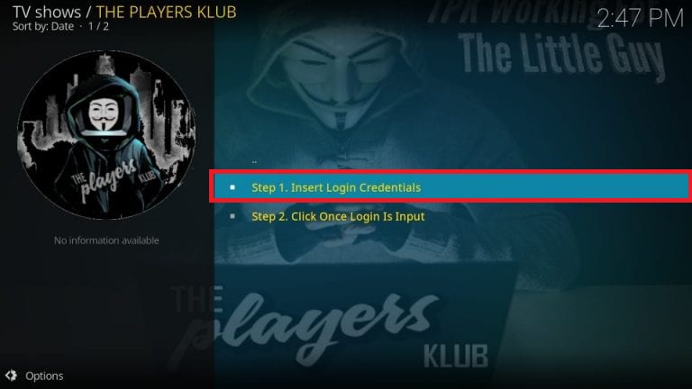 Choose Insert Login Credentials to stream Players Klub IPTV