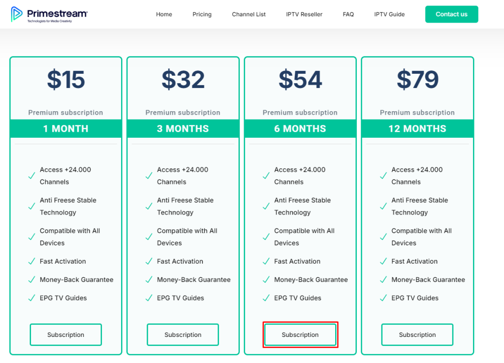 Select your subscription plan to stream Prime Streams IPTV