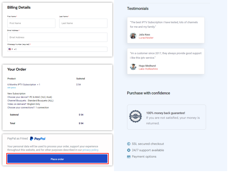 Click on the Place Order button to subscribe to the Prime Streams IPTV