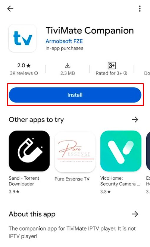 Click Install to download TiviMate IPTV Player 