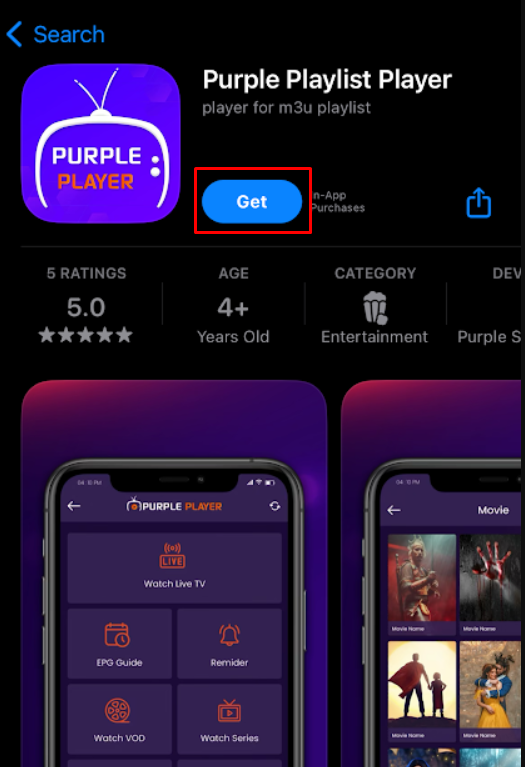 Hit the Get button to get Purple IPTV