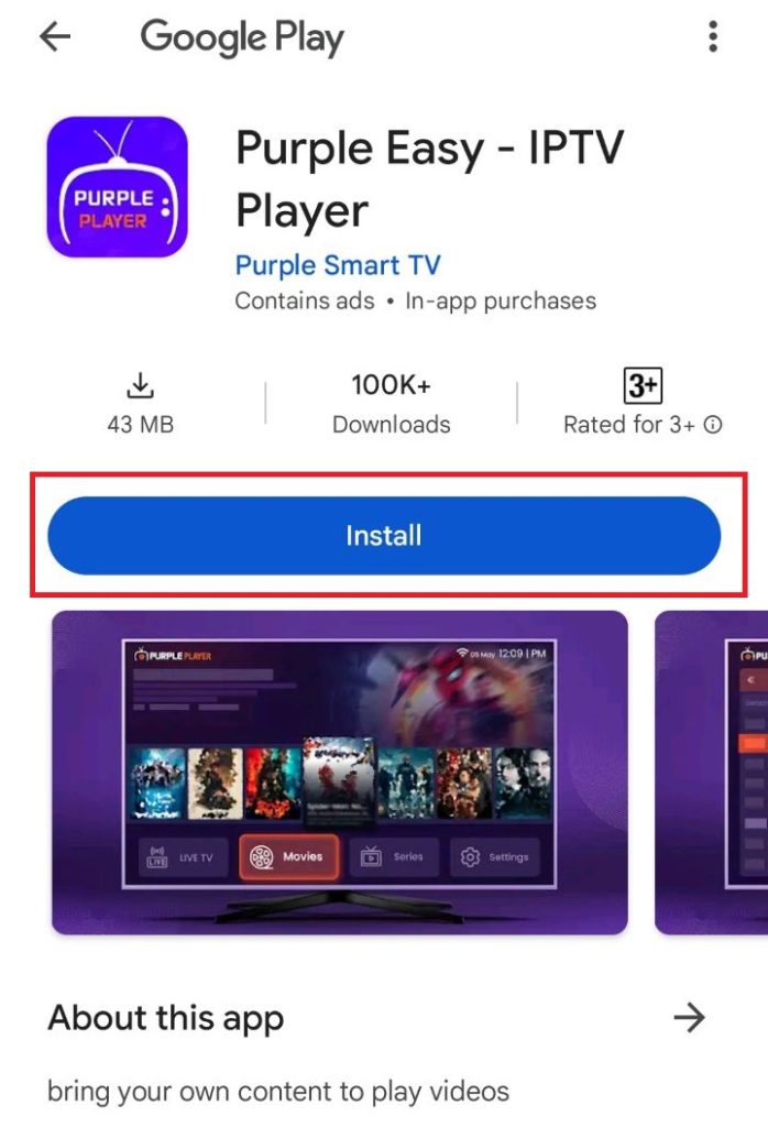 Hit the Install button to get Purple IPTV