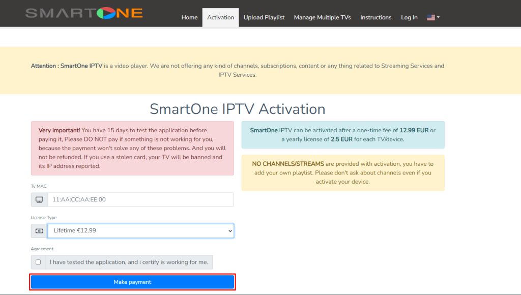 Click the Make Payment to subscribe to SmartOne IPTV