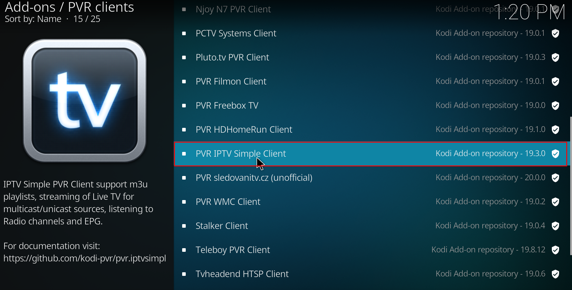 Select PVR IPTV Simple Client to stream Swoop TV