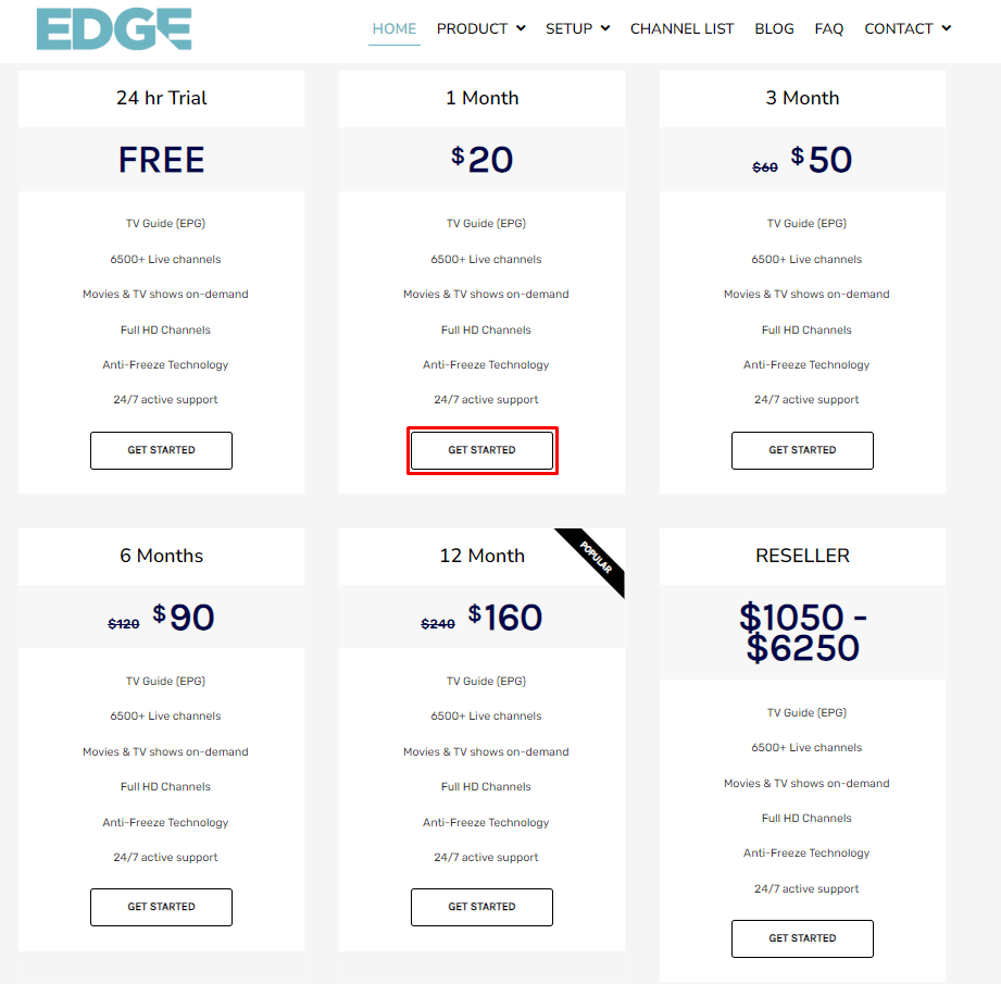 Click on the Get Started button to subscribe to the Edge IPTV service