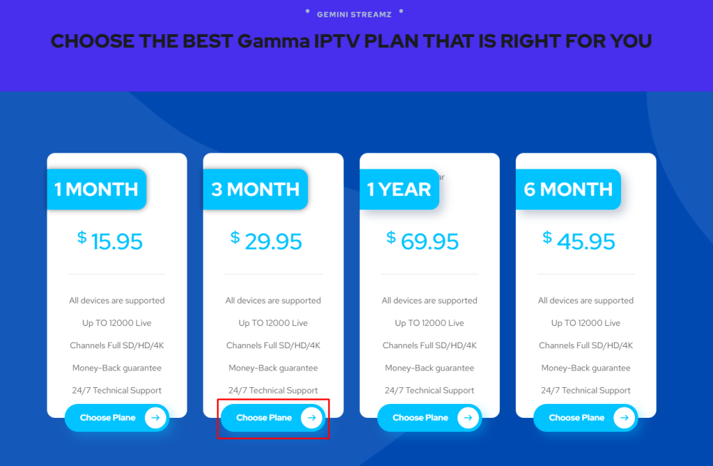 Choose the Subscription Plan on Gamma IPTV website 