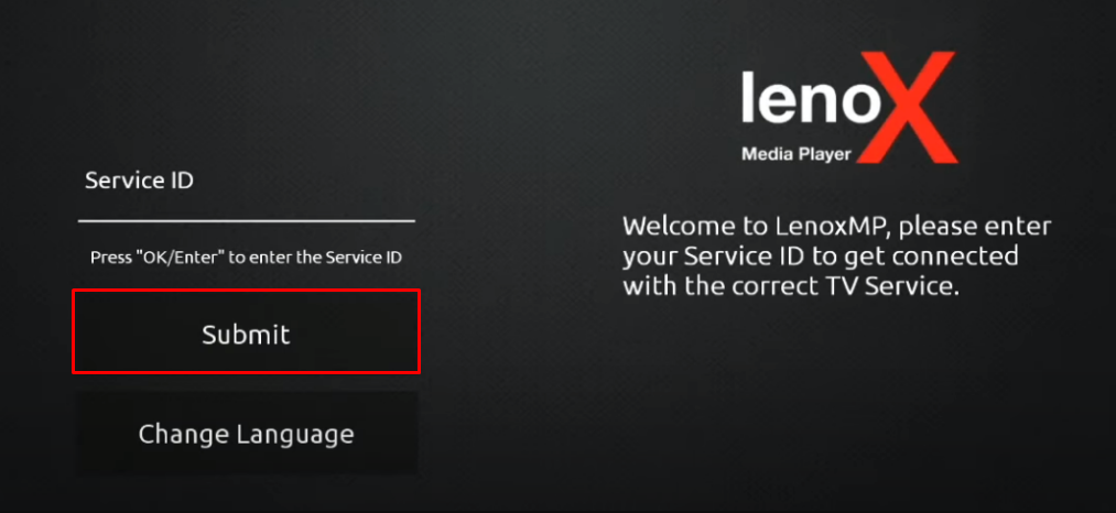 Enter Service ID on Lenox Media Player