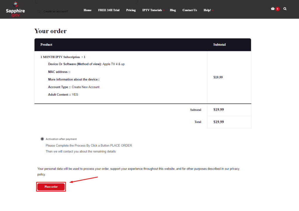 Click Place Order to subscribe to the Sapphire IPTV service