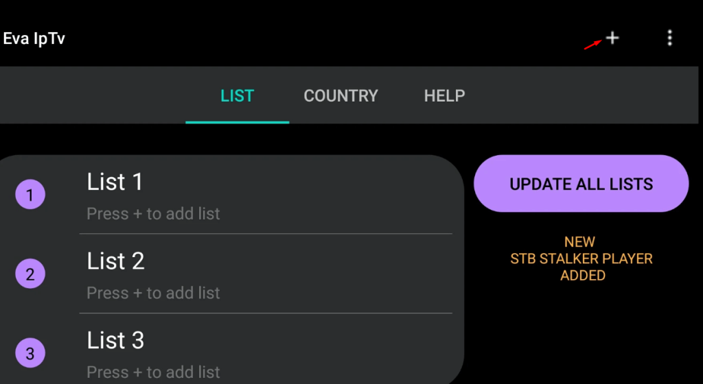 Click + to Add URL or Code to Eva IPTV