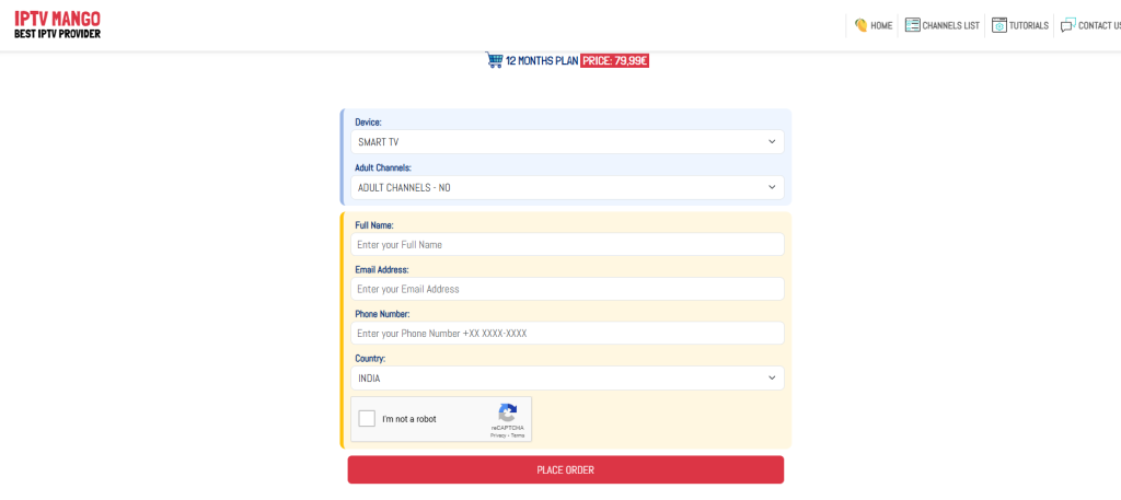 Click the Place Order button to subscribe to the Mango IPTV 