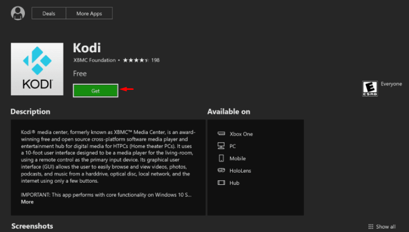 Click Get to Access Kodi on Xbox